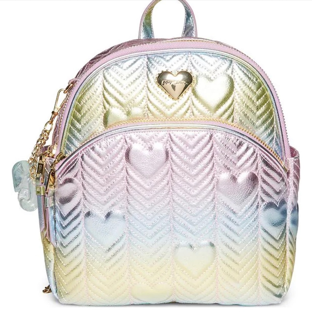 New Betsey Johnson Metallic Quilted Hearts Backpack